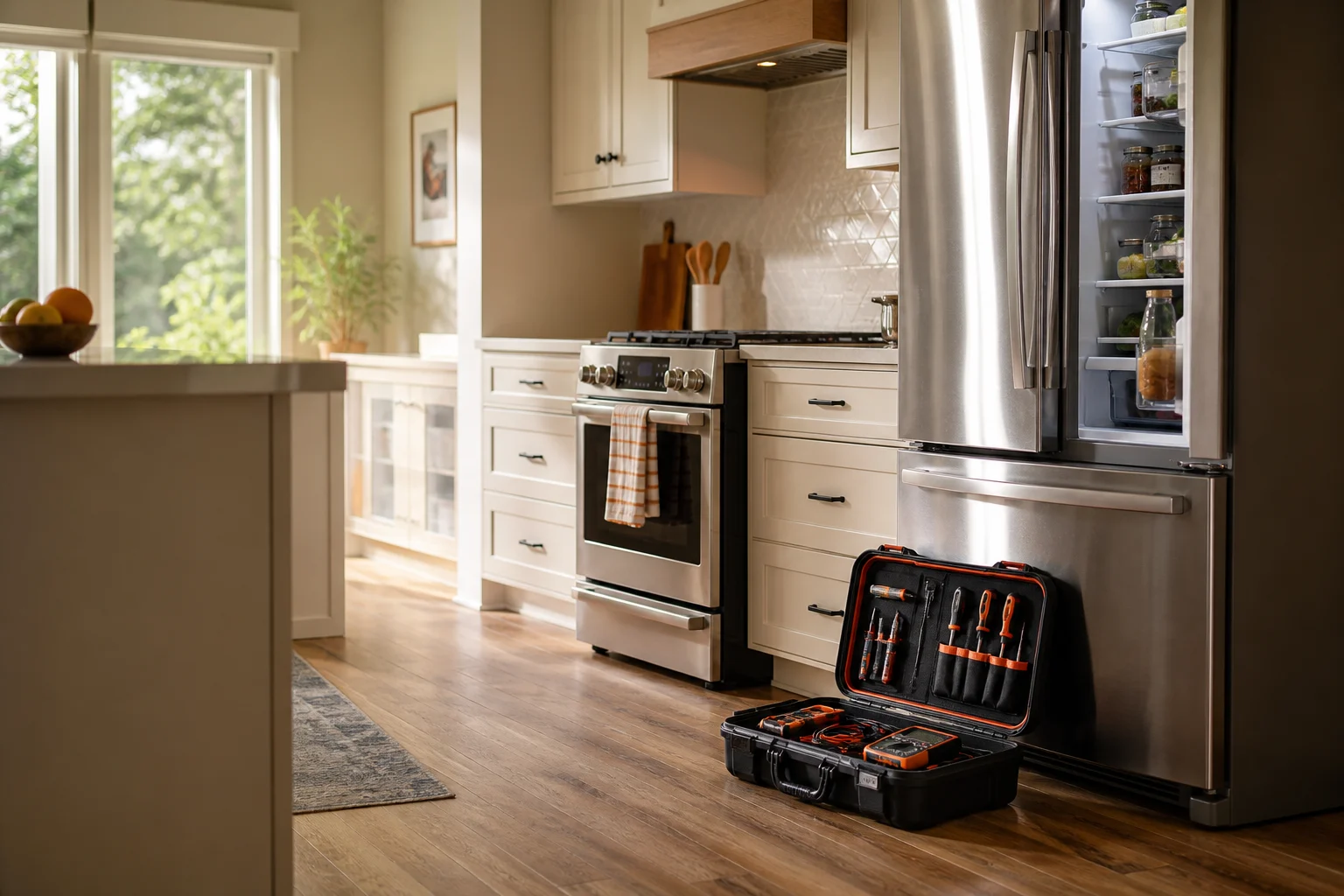 A bright kitchen with a refrigerator, range, and professional diagnostic tools